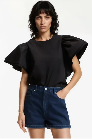 Crew Neck Short Ruffled Sleeve Blouse