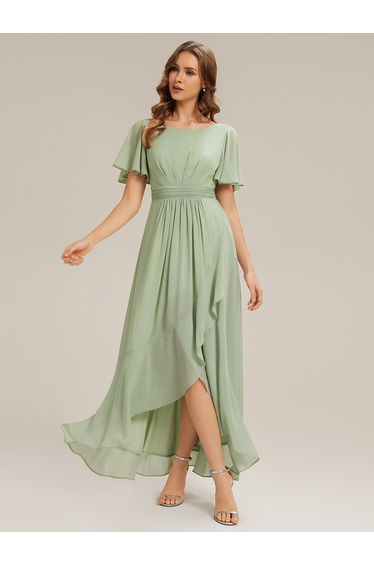 ever SAGE|High Low Ruched Chiffon Ruffle Sleeve Bridesmaid Dress