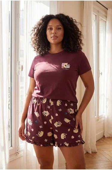Plum Cat Printed Knitted Plus Size Pajamas Set