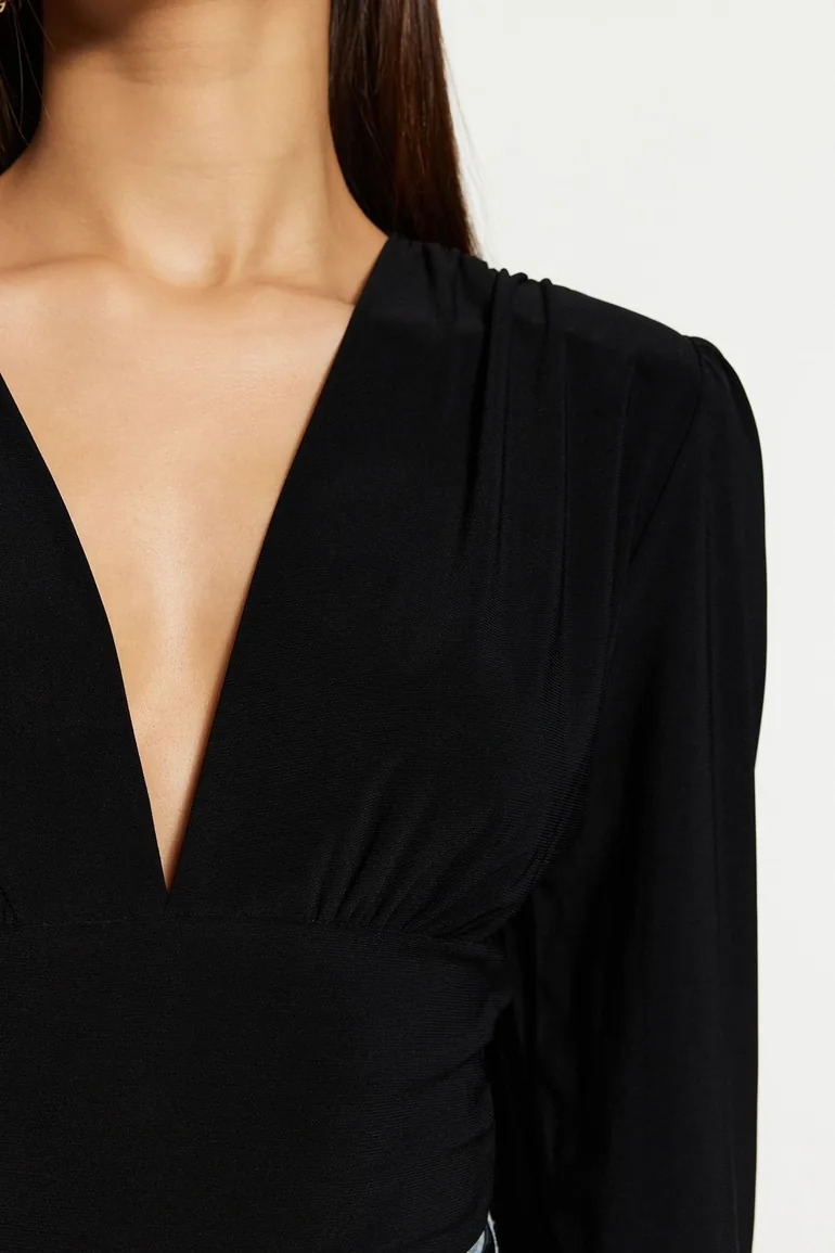 Black Balloon Sleeve V-Neck Fitted/Situated, Flexible Knitted Body with Snap fastener - 3