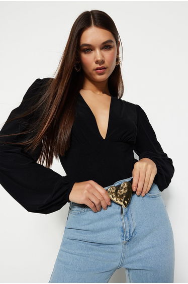 Black Balloon Sleeve V-Neck Fitted/Situated, Flexible Knitted Body with Snap fastener