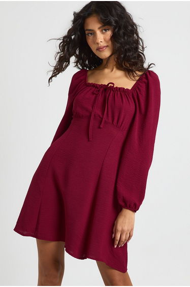 Hammered Volume Sleeve Milkmaid Mini Dress - merlot