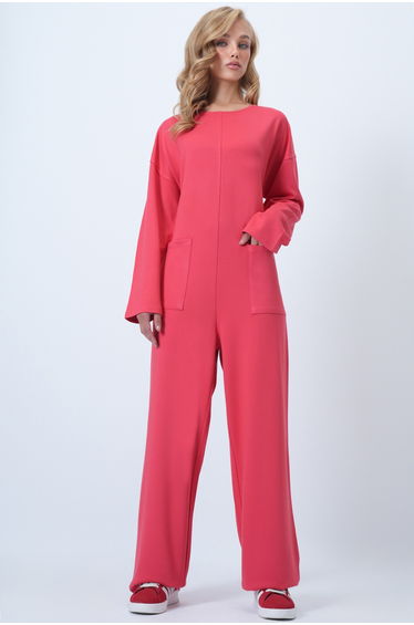 Women's Coral Crew Neck Zippered Back Casual Cut Jumpsuit