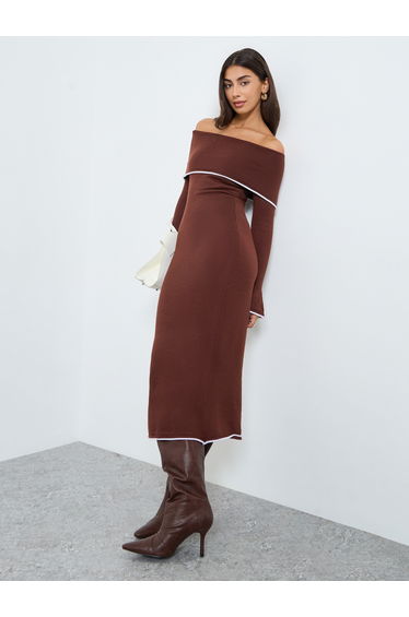 Contrast Trim Bardot Neck Sweater Dress
