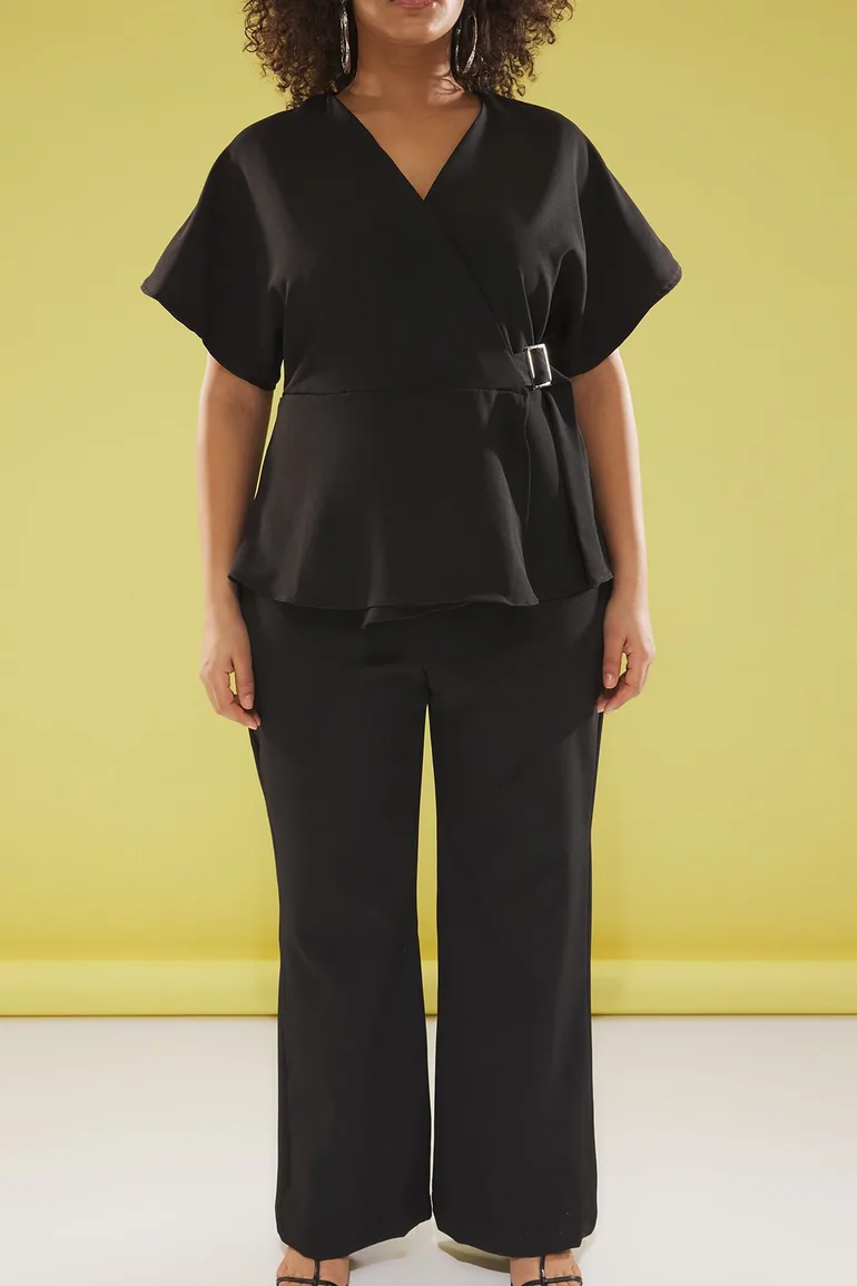 Black V Neck Adjustable Belt Buckle Plus Size Jumpsuit - 2