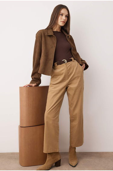 Beige Brown Velvet Straight Cut Trousers