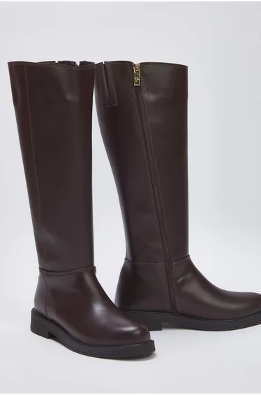 Brown Zippered Short Flat Heeled Women's Boots