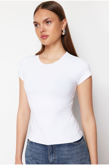 White Polyamide Short Sleeve Crew Neck Fitted Knitted T-Shirt