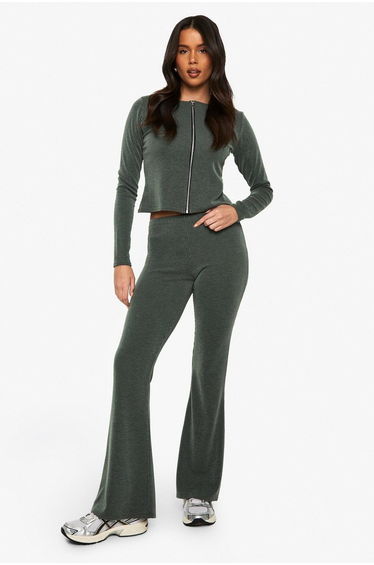 2 Tone Rib Zip Up Top & Flared Trouser