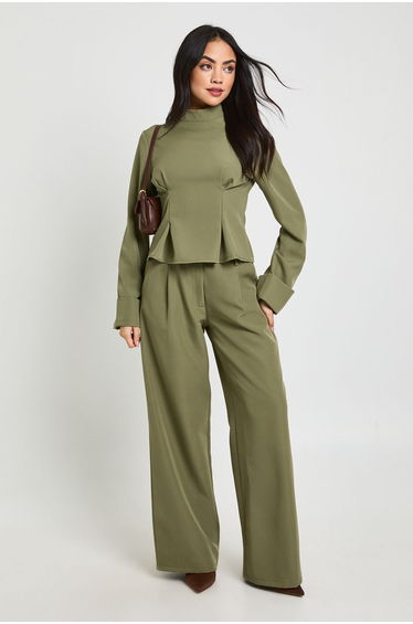 High Neck Peplum Top - dark olive