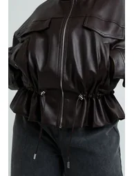 Plus Faux Leather Funnel Neck Cinched Waist Jacket - chocolate - 3