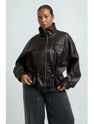 Plus Faux Leather Funnel Neck Cinched Waist Jacket - chocolate - 1