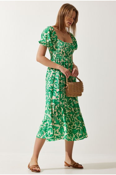 Women's Green Floral Patterned Summer Viscose Dress