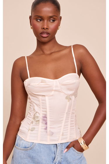 Beige Print Structured Corset Top