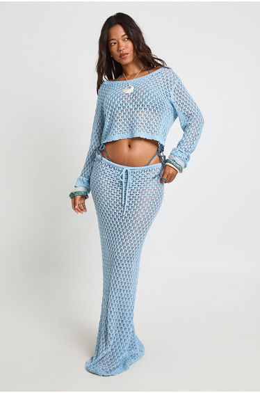 Crochet Knit Beach Maxi Skirt - blue
