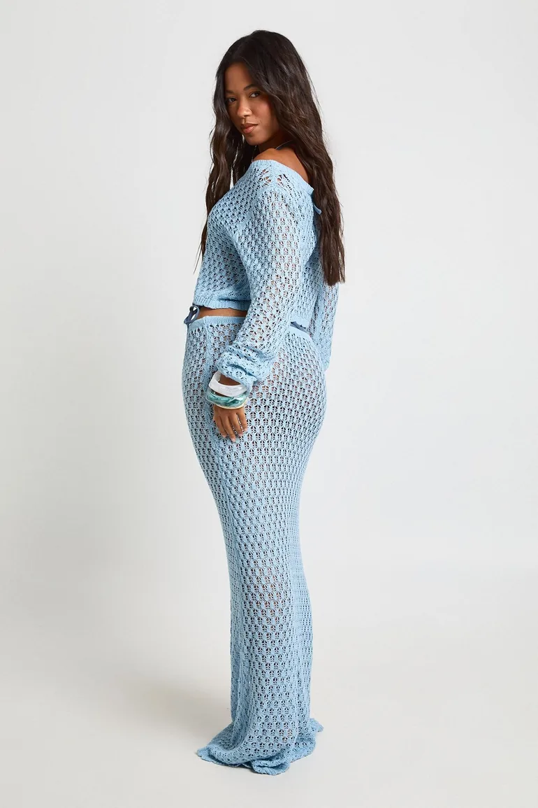 Crochet Knit Beach Maxi Skirt - blue - 1