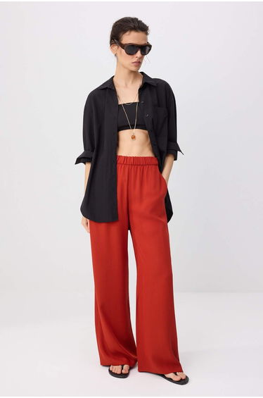 Red Cold Button Wide Leg Pants with Elastic Waist