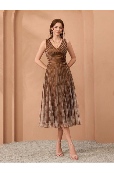 Leely V-Neck Pleated Floral Chiffon Midi Dress in Brown