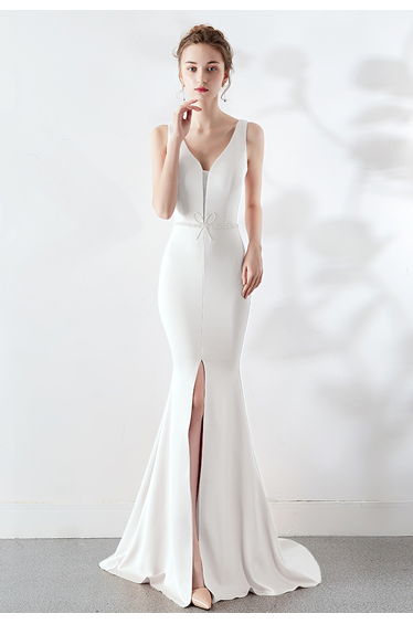 Beaded Bowknot Split Mermaid Satin Gown in White