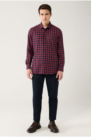 Men's Navy Blue-Red Cotton Plaid Flannel Lumberjack Shirt