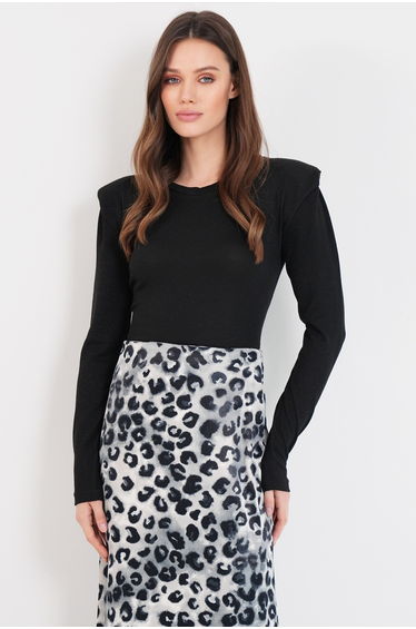 Women's Black Crew Neck Shoulder Pad Pack Glitter Knitwear Blouse