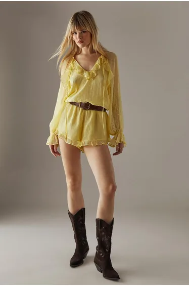 أفرول قصير شيفون منقط بكشكش بأكمام بلوسون بطبعة رخامية