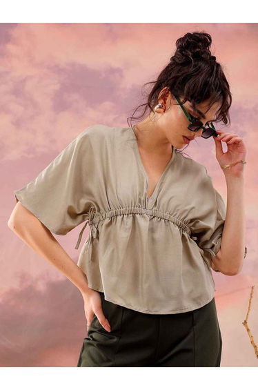 Women Grey Flared Top with Elastic Band Detail
