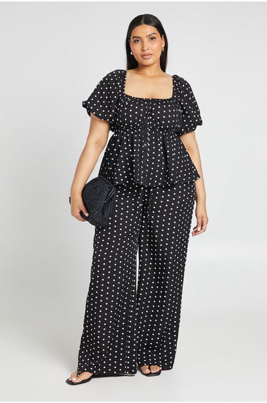 Plus Polka Dot Wide Leg Trouser - black