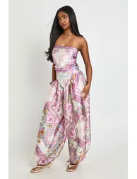 Paisley Satin Bandeau Scarf Top - pink