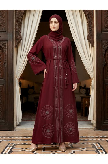 Women Maroon Embellished Abaya with Hijab