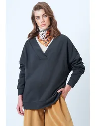 Women's anthracite v-neck double-breasted oversize sweatshirt