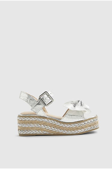 Girls Silver Metallic Bow Wedge Sandals