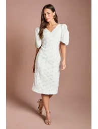 Floral Pleated Sleeve Pencil Dress