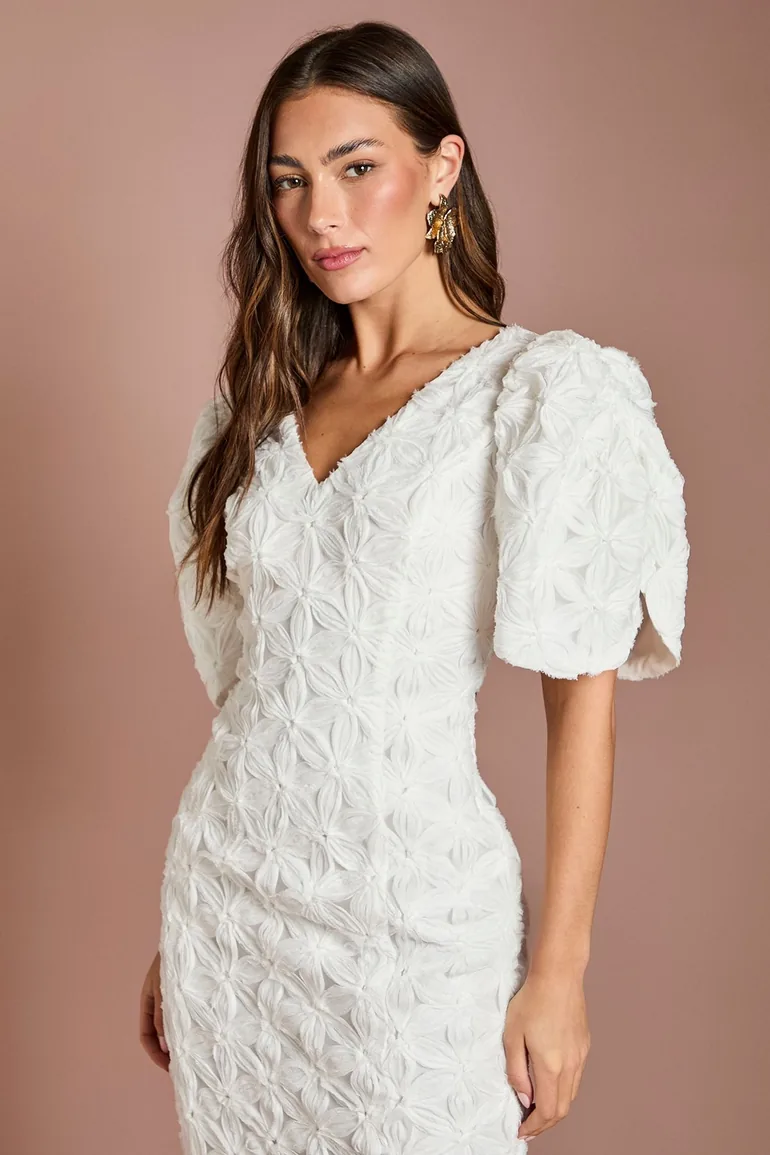 Floral Pleated Sleeve Pencil Dress - 1