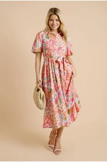 Patchwork Floral Belted Puff Sleeve Shirt Dress
