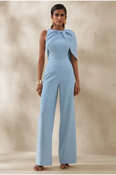 Quinley | Powder Blue Asymmetric-Neck Jumpsuit With Cape-Sleeve