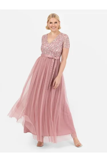 Dusty Pink Stripe Embellished Maxi Dress With Sash Belt
