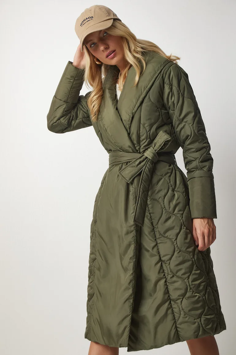 Women's Khaki Belted Shawl Collar Quilted Coat - 1