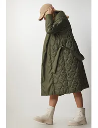 Women's Khaki Belted Shawl Collar Quilted Coat - 3