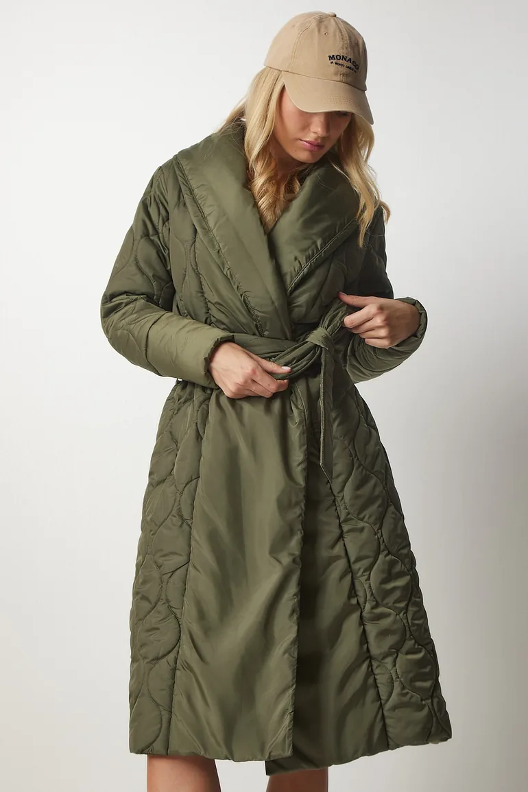 Women's Khaki Belted Shawl Collar Quilted Coat