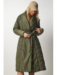 Women's Khaki Belted Shawl Collar Quilted Coat