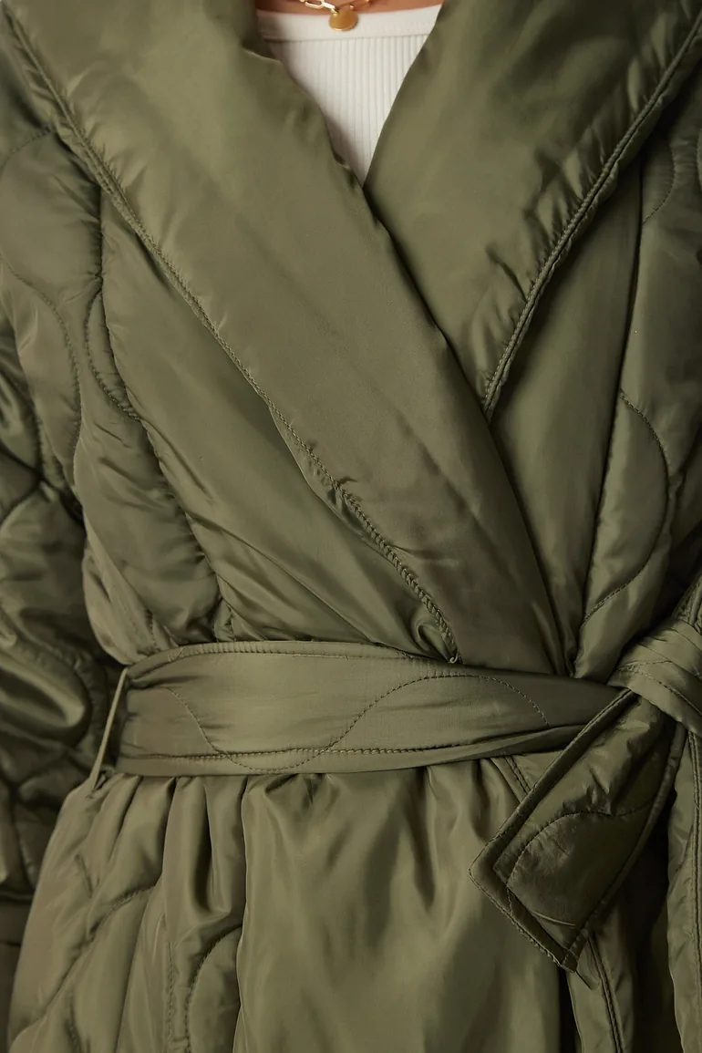Women's Khaki Belted Shawl Collar Quilted Coat - 5