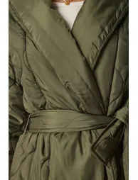 Women's Khaki Belted Shawl Collar Quilted Coat - 5