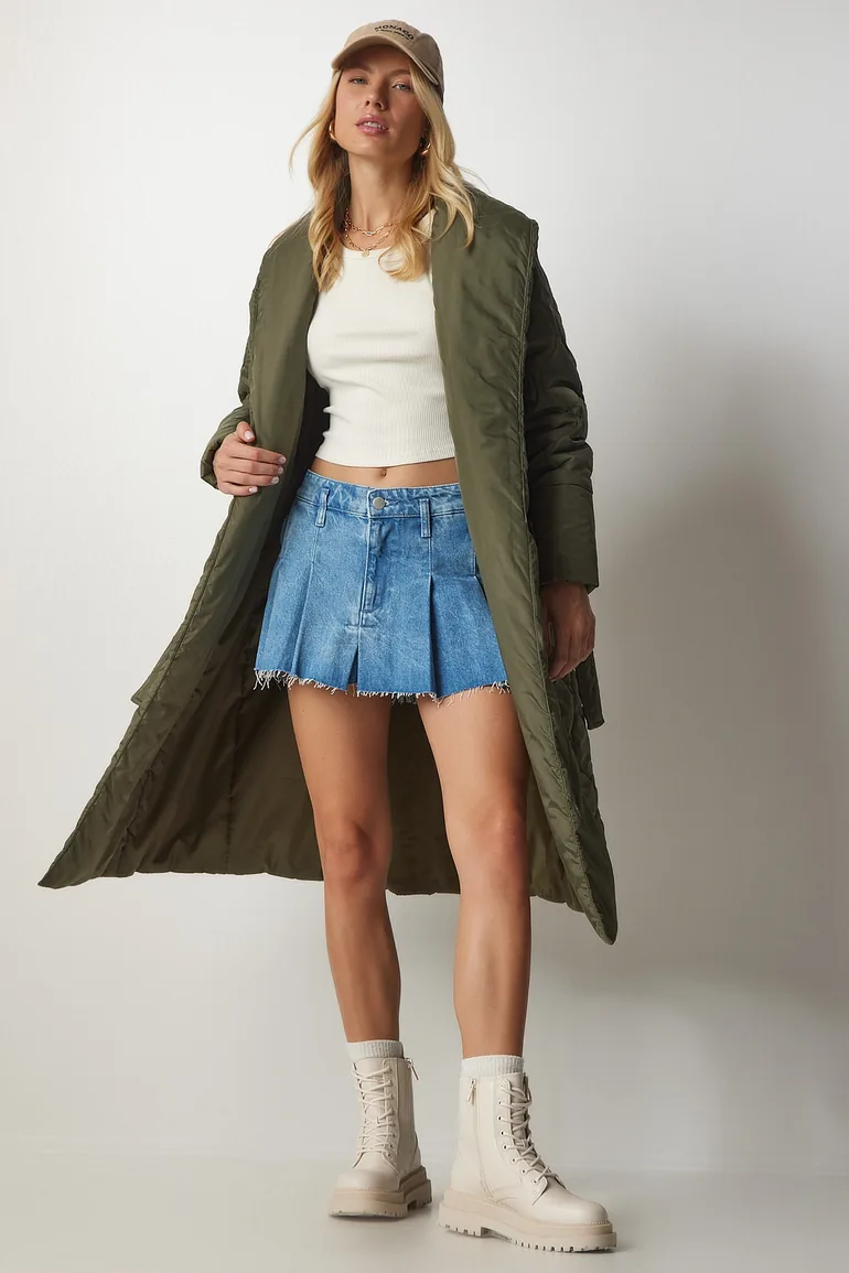 Women's Khaki Belted Shawl Collar Quilted Coat - 2