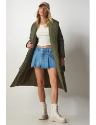 Women's Khaki Belted Shawl Collar Quilted Coat - 2