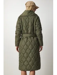 Women's Khaki Belted Shawl Collar Quilted Coat - 6