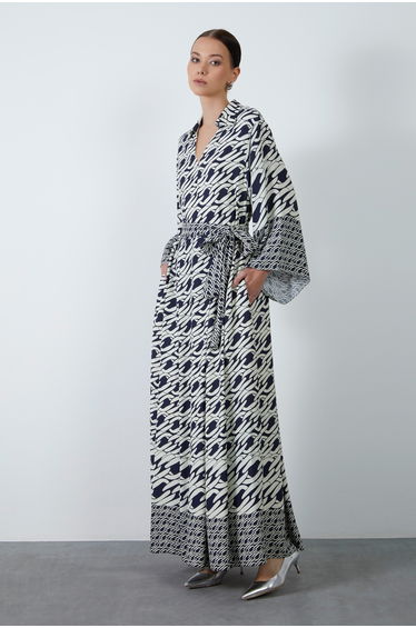 Removable Belt Detail Patterned Long Navy Dress