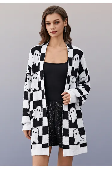 Checkered Ghosts Open Front Longline Knit Cardigan
