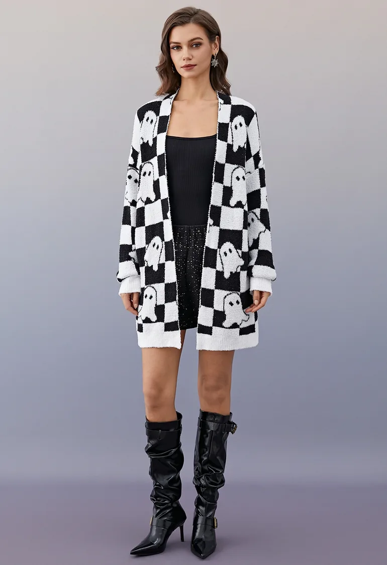 Checkered Ghosts Open Front Longline Knit Cardigan - 3