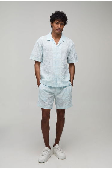 Embroidered Tile Oversized Shirt & Relaxed Short Set - light blue